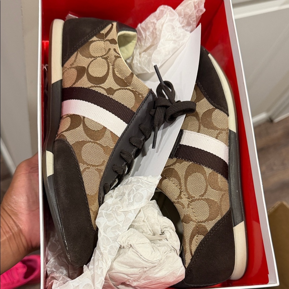 Coach Brown and Beige Signature Runner with White Stripe